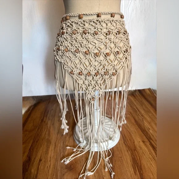 Vintage Boho Macrame Fringe Cover-Up Skirt/TopAdjustable Vacation Summer Resort - Picture 3 of 5